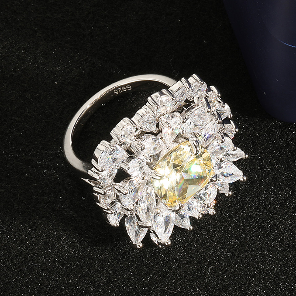 Flower Pattern Yellow Cubic Zirconia Ring 925 Sterling Silver 